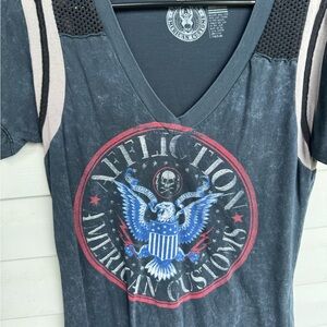 Affliction V-Neck Tee with Eagle and Skull Design